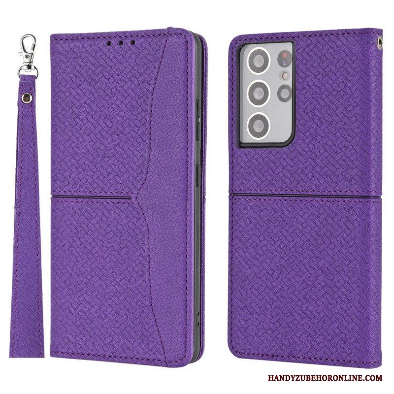 Fodral Samsung Galaxy S21 Ultra 5G Med Kedjar Strappy Vävd Läderstil