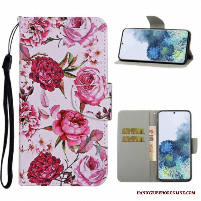 Fodral Samsung Galaxy S21 Ultra 5G Mästerliga Blommor Med Rem
