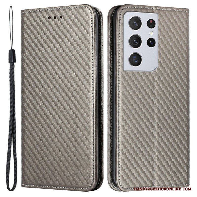 Folio-fodral Samsung Galaxy S21 Ultra 5G Med Kedjar Läderfodral Kolfiberrem
