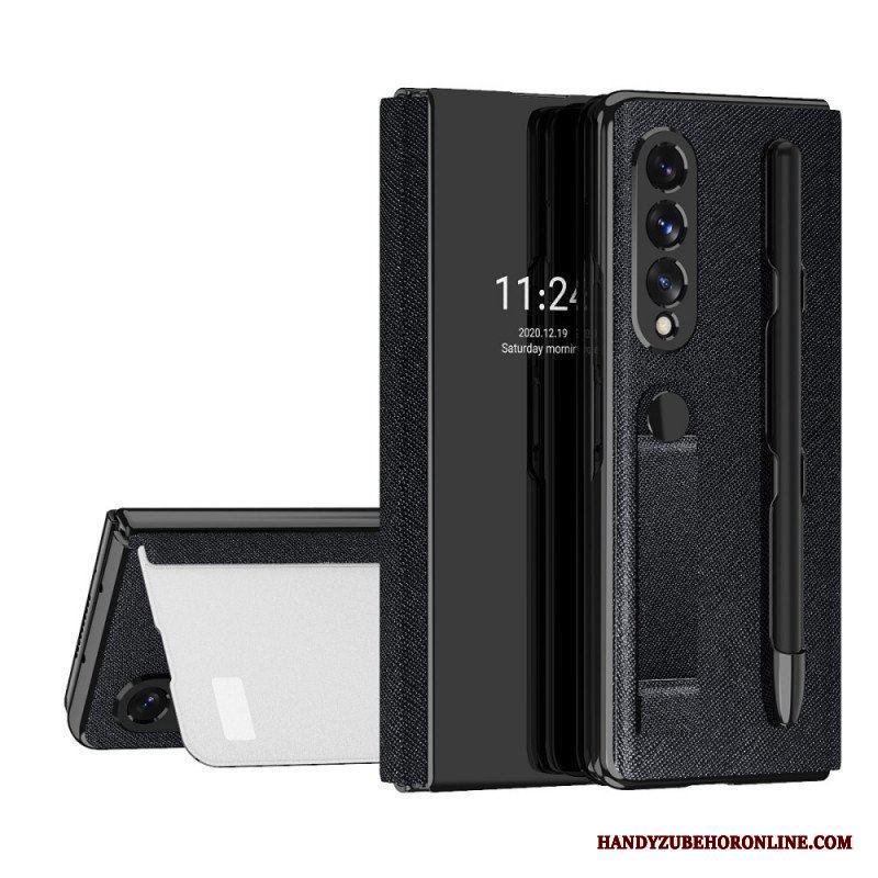 Folio-fodral Samsung Galaxy Z Fold 3 5G Läderfodral Spegel Pennhållare Och Rem