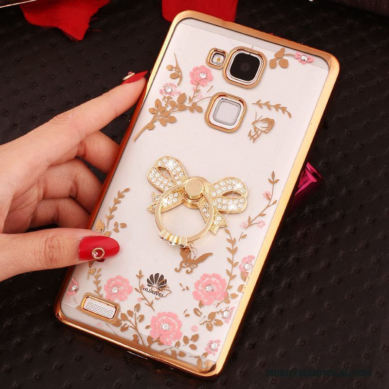 Huawei Ascend Mate 7 Ring Strass Silikon Skal Telefon Transparent Guld Fodral