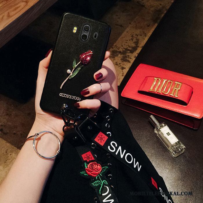 Huawei Mate 10 Skal Blommor Rose Silikon Hängande Nacke Röd Fodral Svart