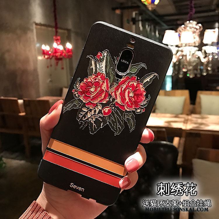 Huawei Mate 8 Nubuck Skal Broderi Svart Lättnad Blommor Mjuk