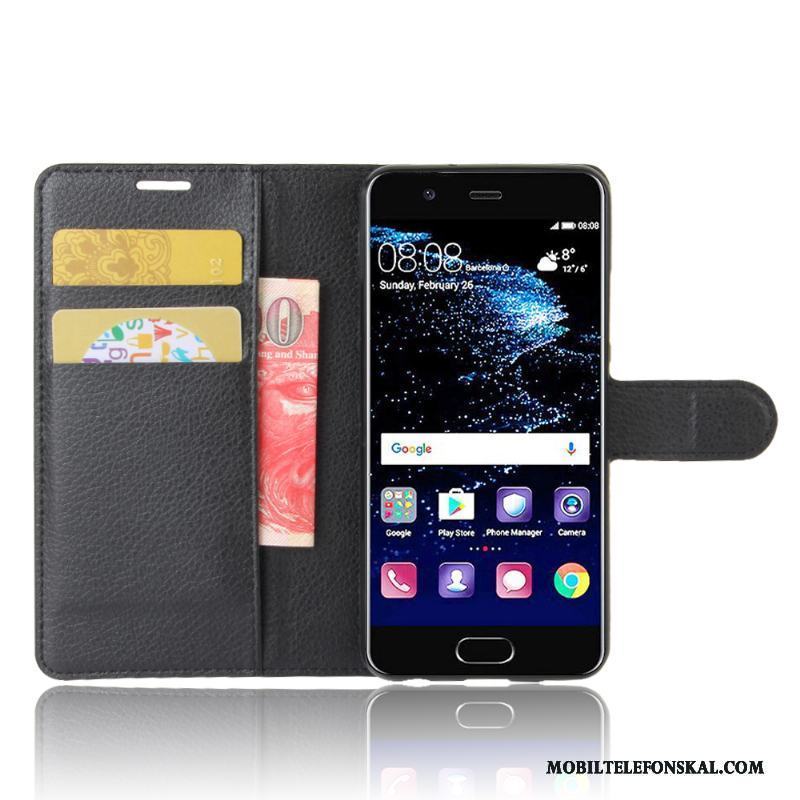 Huawei P10 Skal Svart Läderfodral Fallskydd Kort Plånbok Retro Mobil Telefon