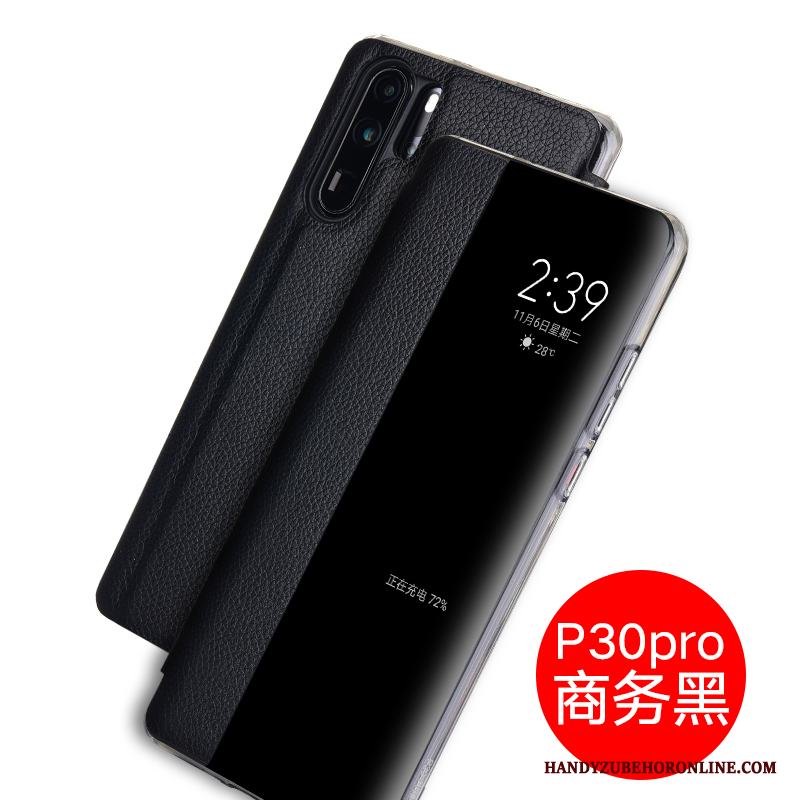 Huawei P30 Pro Läderfodral Mobil Telefon Täcka Skal Telefon Skydd Blå Äkta Läder