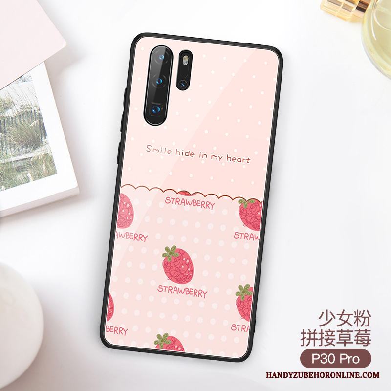 Huawei P30 Pro Vacker Rosa Fallskydd Net Red Skal Telefon Glas Pulver