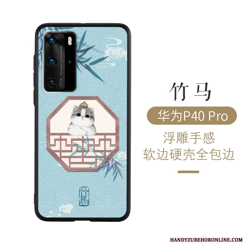 Huawei P40 Pro Skal Bambu Grön All Inclusive Par Kinesisk Stil Rosa Katt