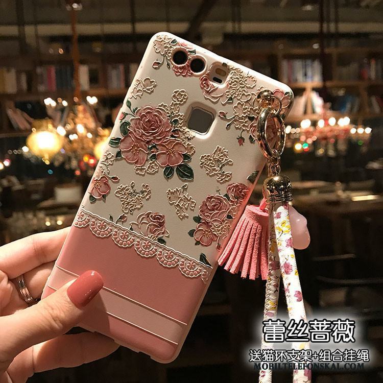 Huawei P9 Skal Blommor Rosa Pulver Mjuk Nubuck Katt Lättnad