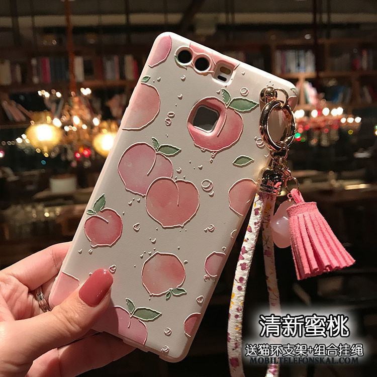 Huawei P9 Skal Blommor Rosa Pulver Mjuk Nubuck Katt Lättnad