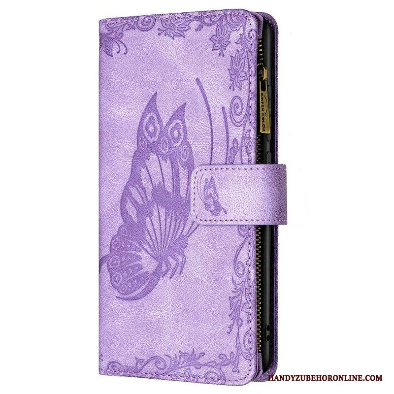 Läderfodral Samsung Galaxy S21 FE Butterfly Barockficka Med Dragkedja