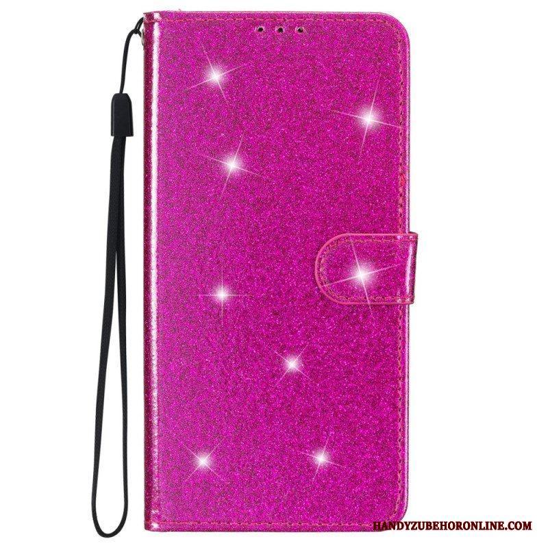 Läderfodral iPhone 15 Plus Med Kedjar Glittereffekt Med Rem