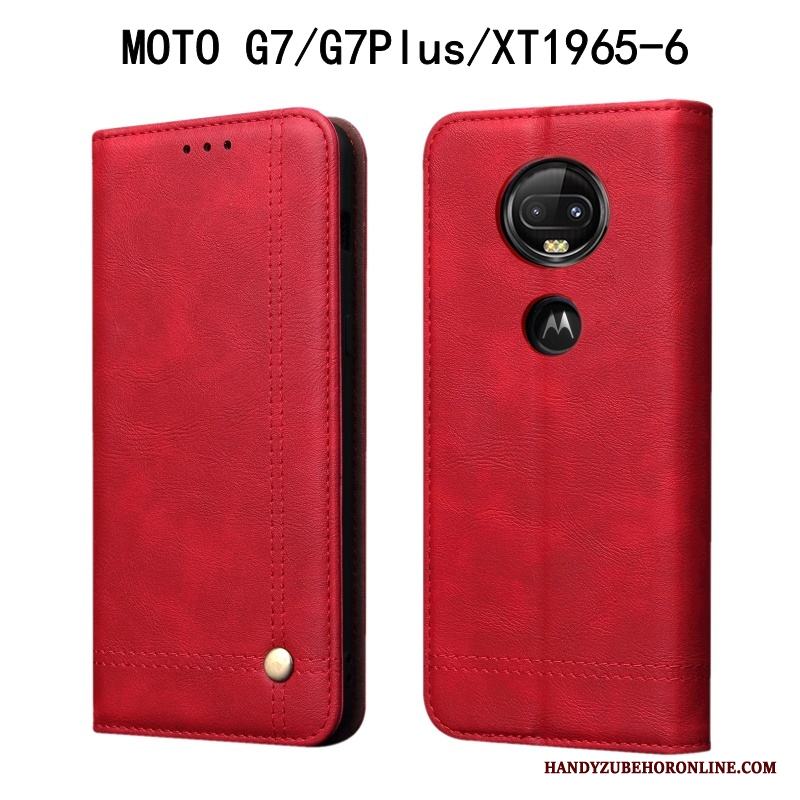 Moto G7 Plus Läderfodral Skydd Fallskydd Röd Retro Skal Telefon Täcka