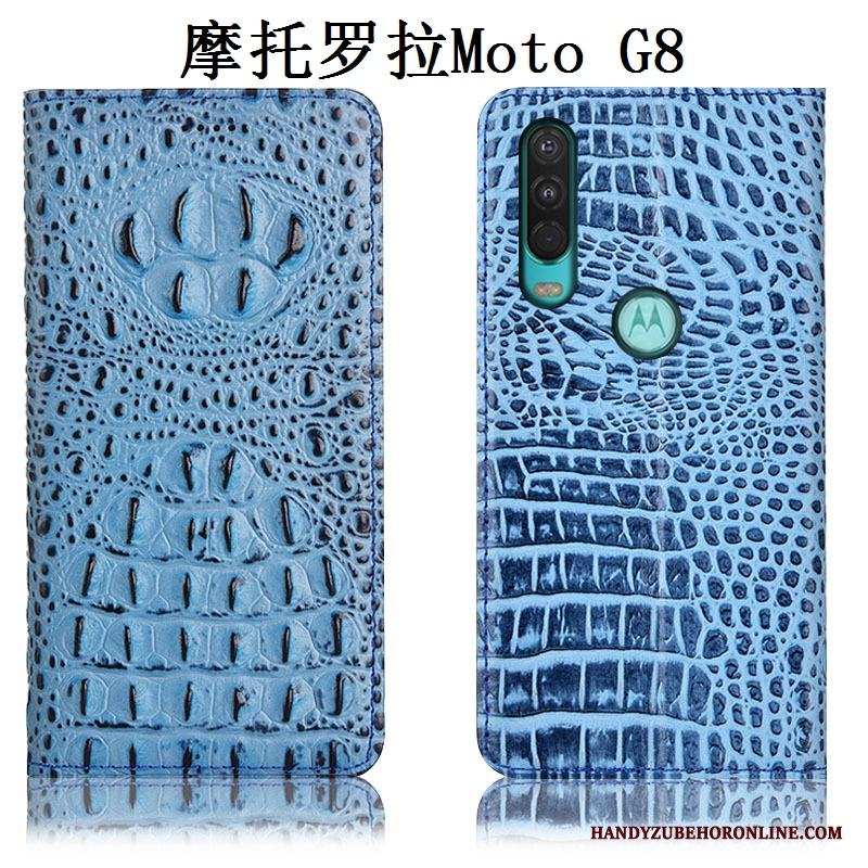 Moto G8 Fallskydd Svart Läderfodral Äkta Läder Skal Telefon
