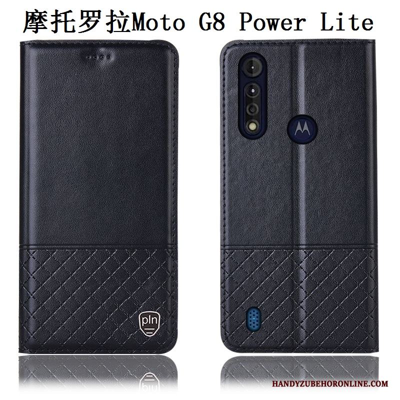 Moto G8 Power Lite Skydd Skal Telefon Blå Fallskydd Fodral Äkta Läder All Inclusive