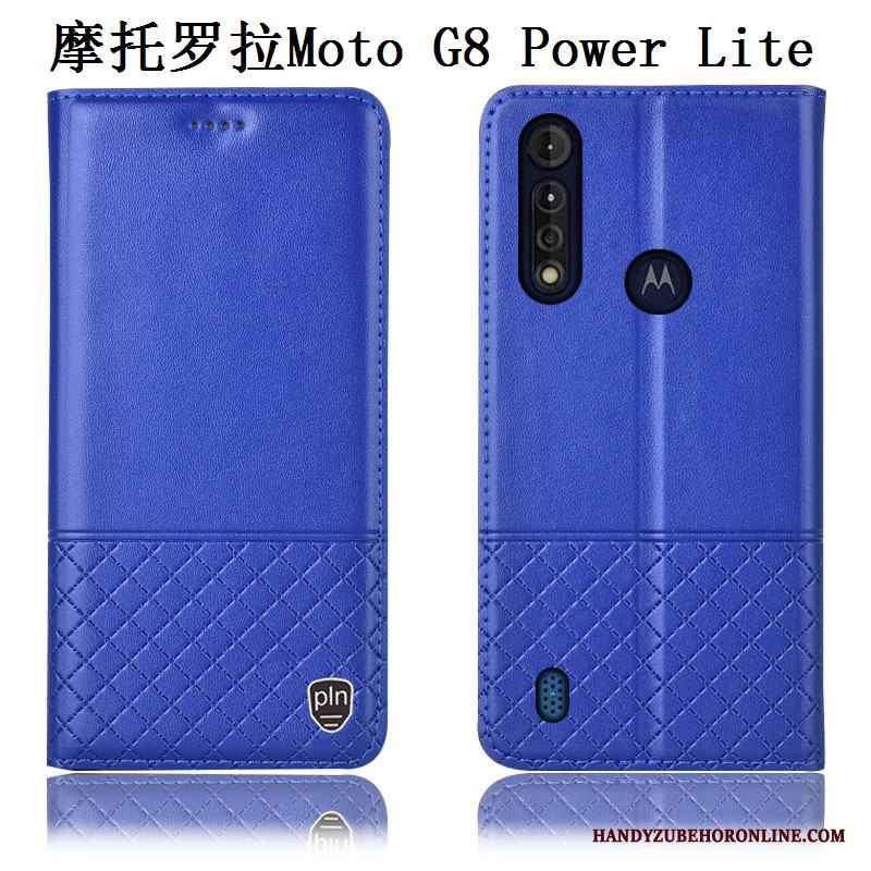 Moto G8 Power Lite Skydd Skal Telefon Blå Fallskydd Fodral Äkta Läder All Inclusive