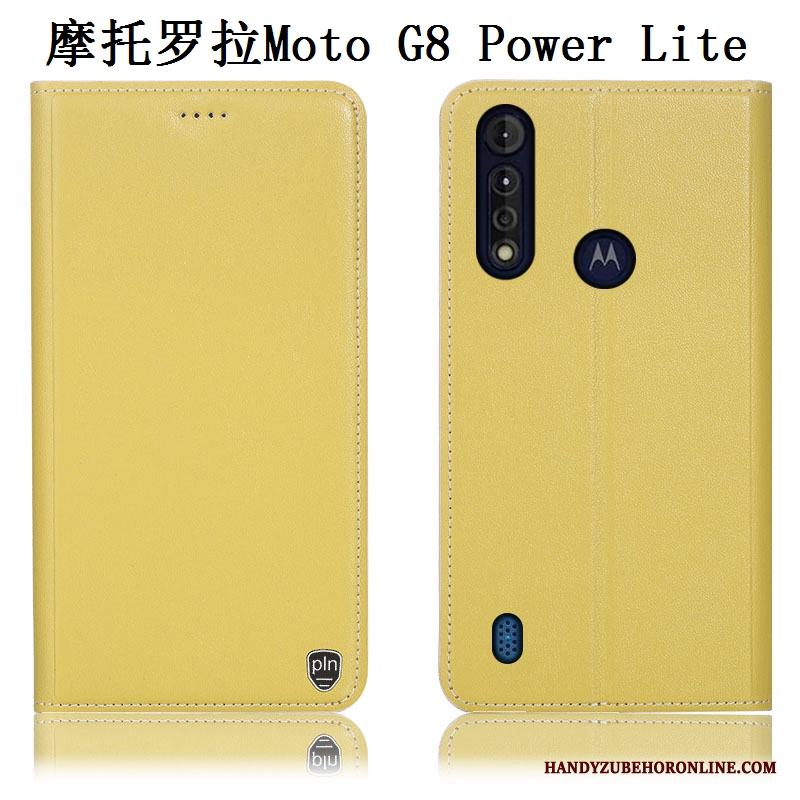 Moto G8 Power Lite Skydd Täcka Fallskydd Fodral Skal Telefon Gul Äkta Läder