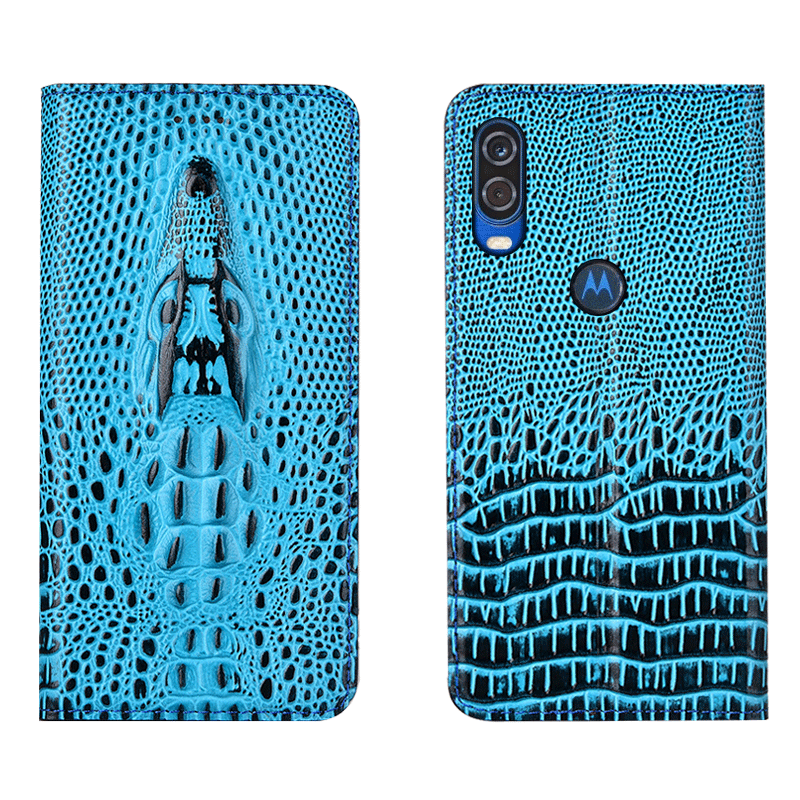 Motorola One Vision Äkta Läder Skal Telefon Fallskydd Fodral Krokodilmönster Gul