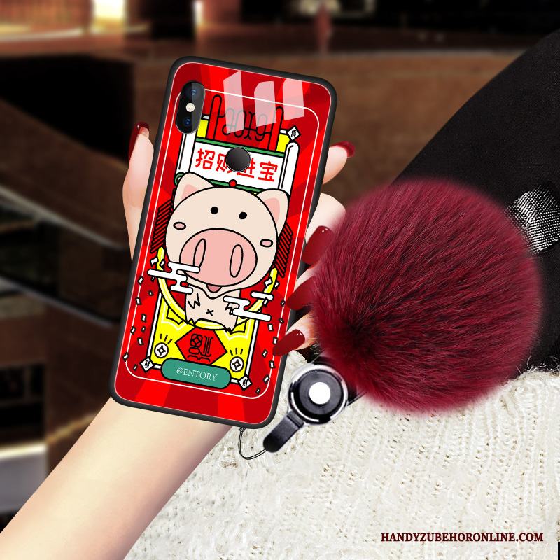 Redmi Note 6 Pro Personlighet Glas Skal Telefon Pälskula Fodral Röd