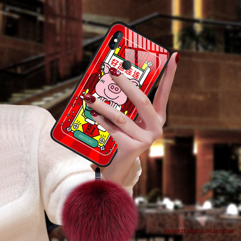 Redmi Note 6 Pro Personlighet Glas Skal Telefon Pälskula Fodral Röd