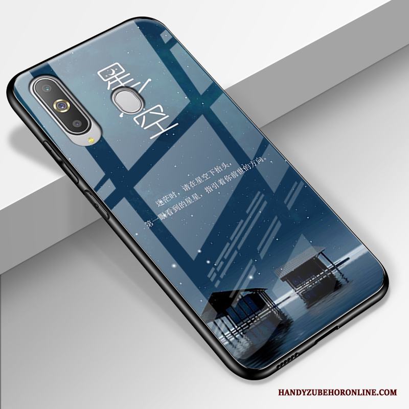 Samsung Galaxy A8s Skydd Silikon Blå Glas Nubuck Fallskydd Skal