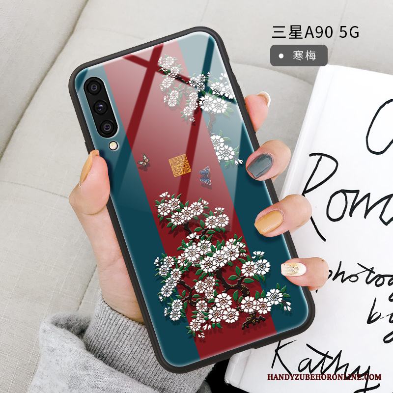 Samsung Galaxy A90 5g Fodral Skal Telefon Support Glas Skydd Röd Silikon