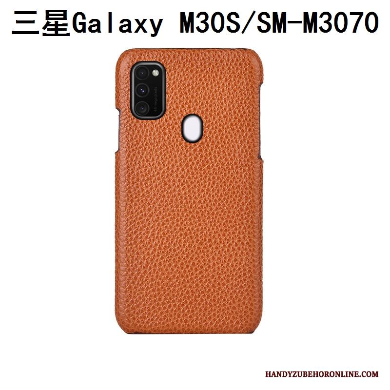 Samsung Galaxy M30s Mode Lyxiga Blå Fallskydd Äkta Läder Skal Telefon Litchi