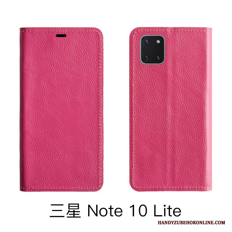 Samsung Galaxy Note 10 Lite Skal Telefon Läderfodral Litchi Äkta Läder Stjärna Skydd Röd