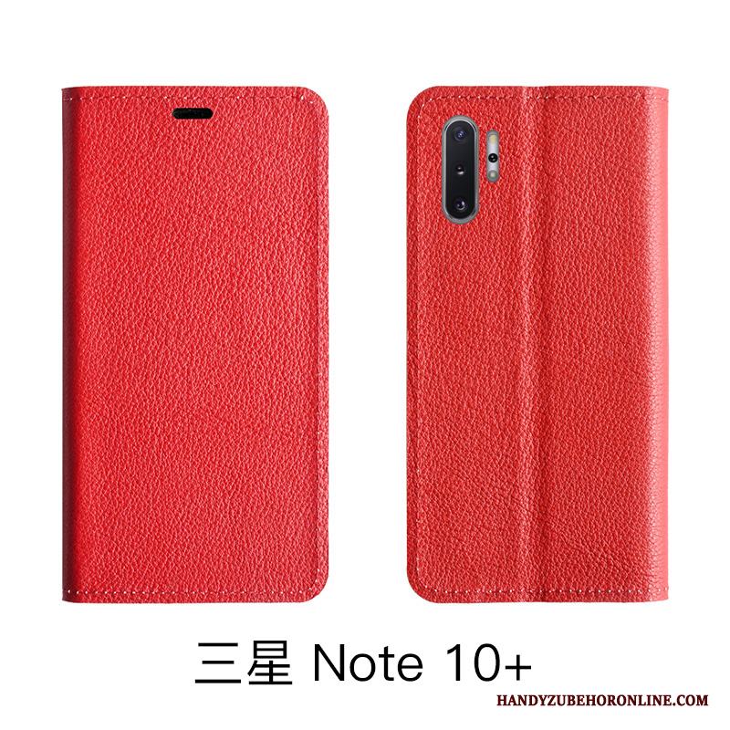 Samsung Galaxy Note 10 Lite Skal Telefon Läderfodral Litchi Äkta Läder Stjärna Skydd Röd