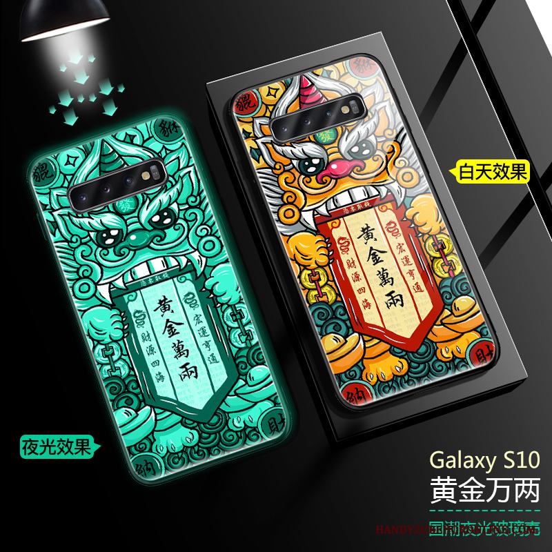 Samsung Galaxy S10 Skal Telefon Kinesisk Stil Stjärna Grön Glas Fodral Silikon