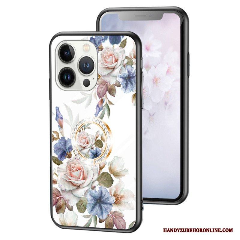 Skal iPhone 15 Pro Blommigt Härdat Glas Med Stödring