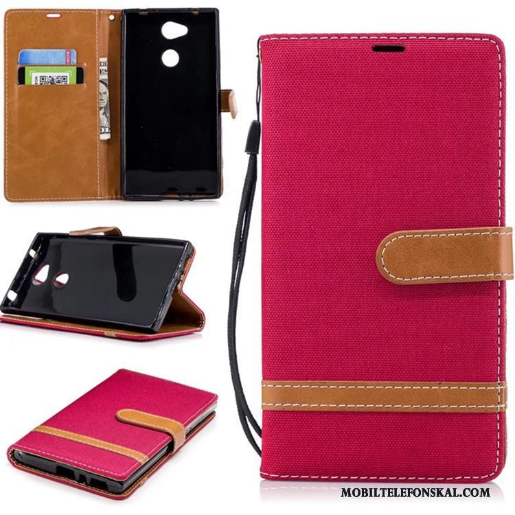 Sony Xperia L2 Skal Ren Täcka Denim Mobil Telefon Kort Plånbok Röd