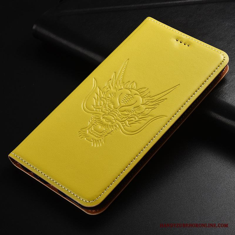 Sony Xperia L3 Täcka Kinesisk Drake Mönster Skydd Gul Äkta Läder Skal Telefon