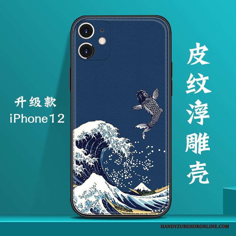 iPhone 12 Skal Läder Kinesisk Stil Mörkblå Mönster All Inclusive Vind Kreativa