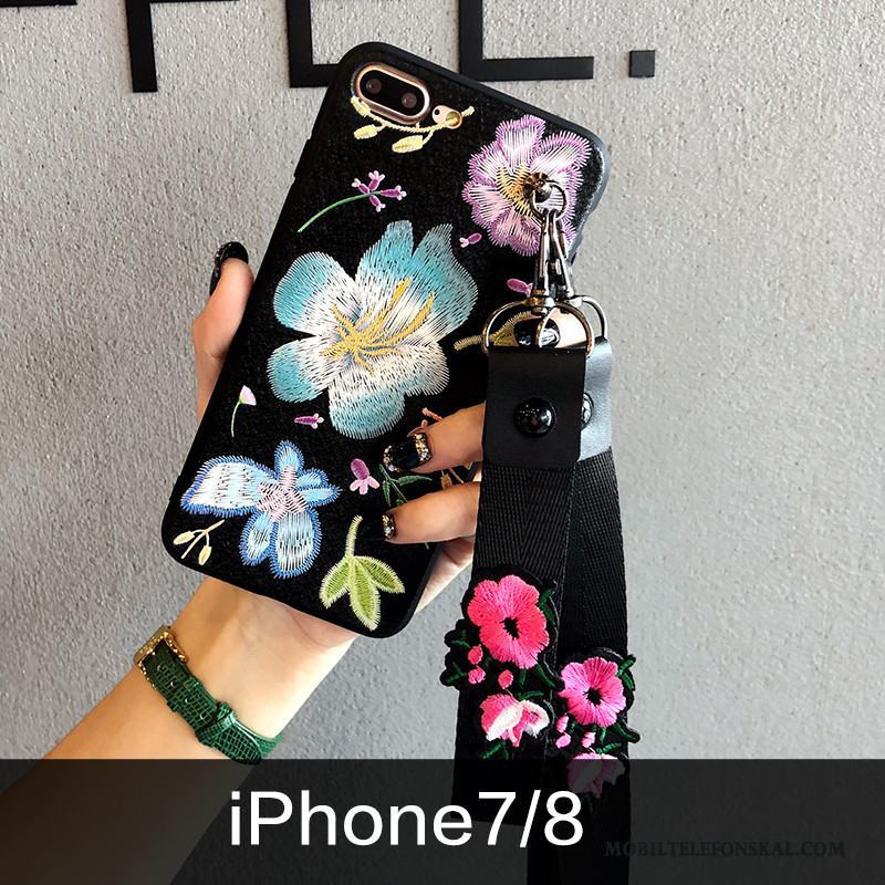 iPhone 7 Silikon Mjuk Svart Trend Varumärke Broderi Hängsmycken Skal Telefon