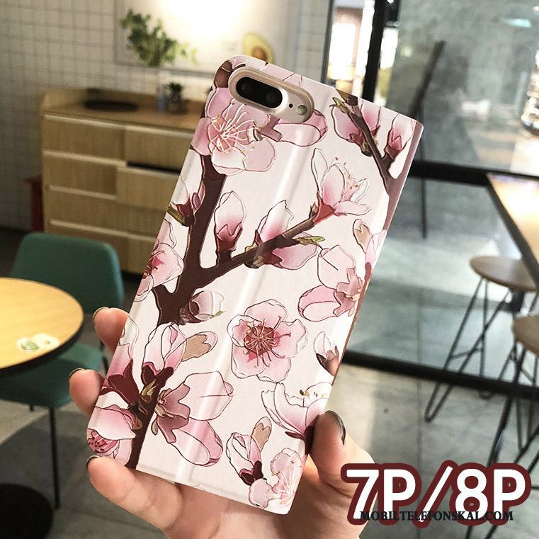 iPhone 8 Plus Skal Rosa Täcka Kreativa Fodral Läderfodral Blommig Skydd