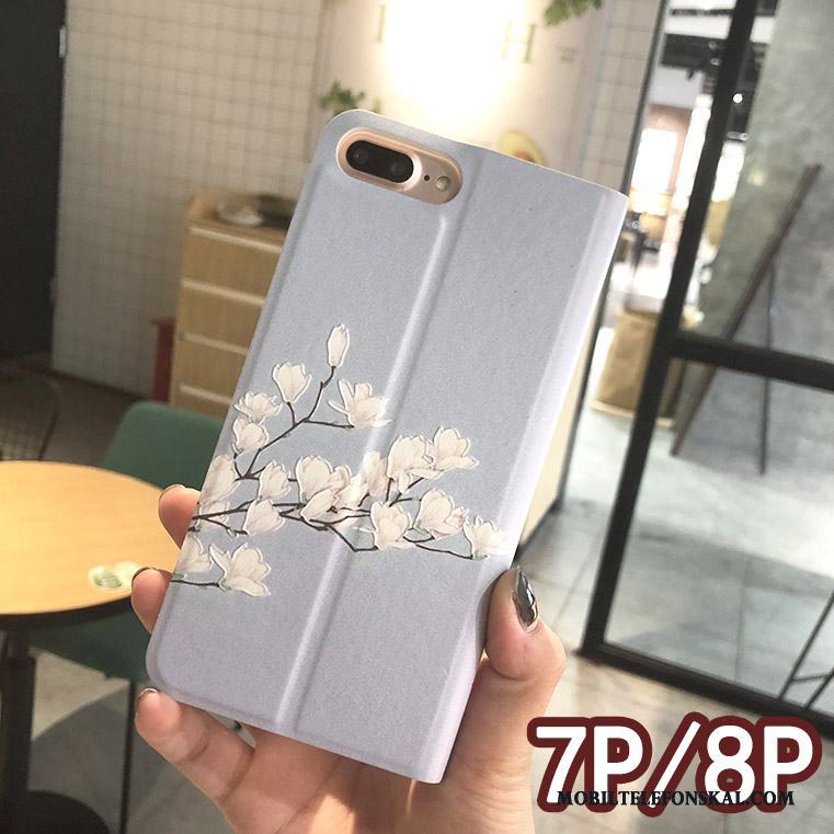 iPhone 8 Plus Skal Rosa Täcka Kreativa Fodral Läderfodral Blommig Skydd