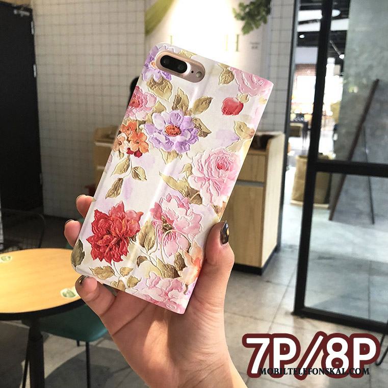 iPhone 8 Plus Skal Rosa Täcka Kreativa Fodral Läderfodral Blommig Skydd