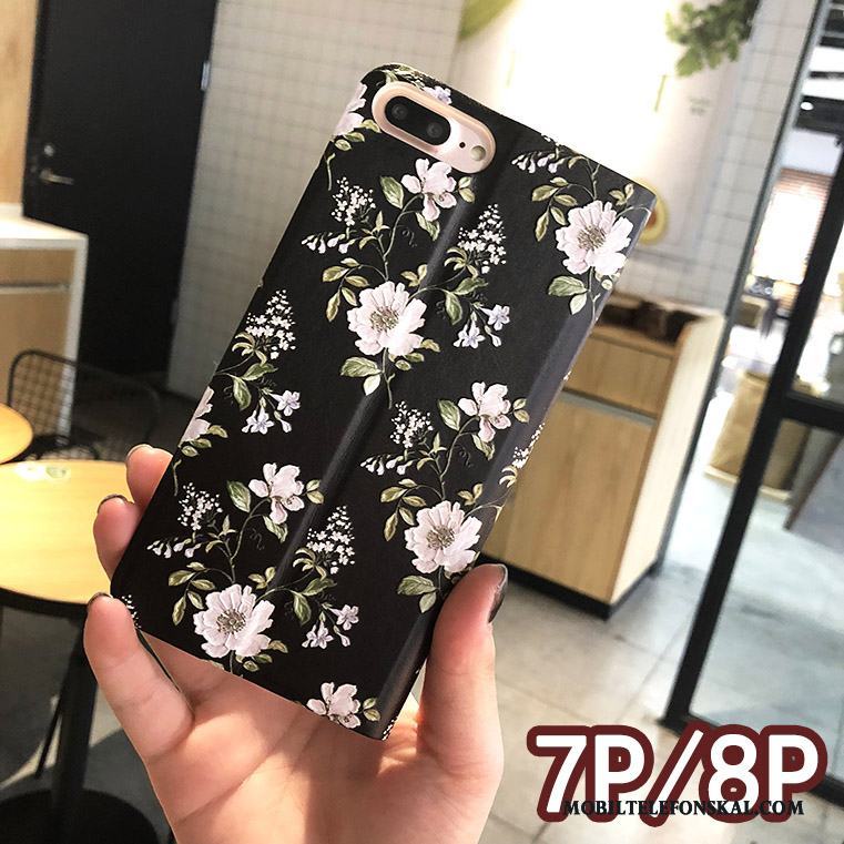 iPhone 8 Plus Skal Rosa Täcka Kreativa Fodral Läderfodral Blommig Skydd