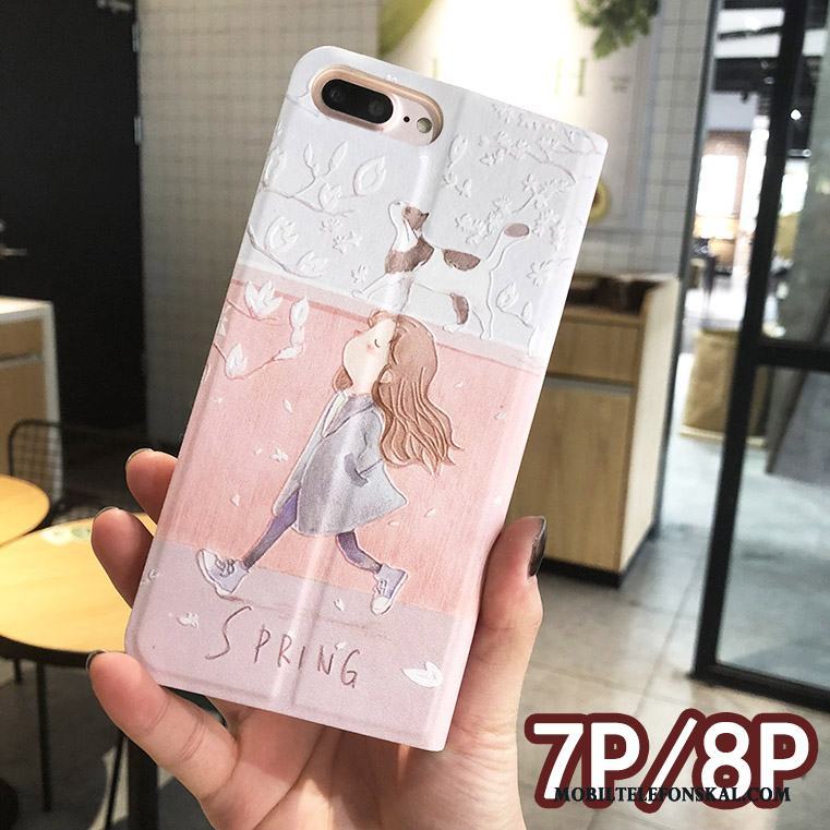 iPhone 8 Plus Skal Rosa Täcka Kreativa Fodral Läderfodral Blommig Skydd