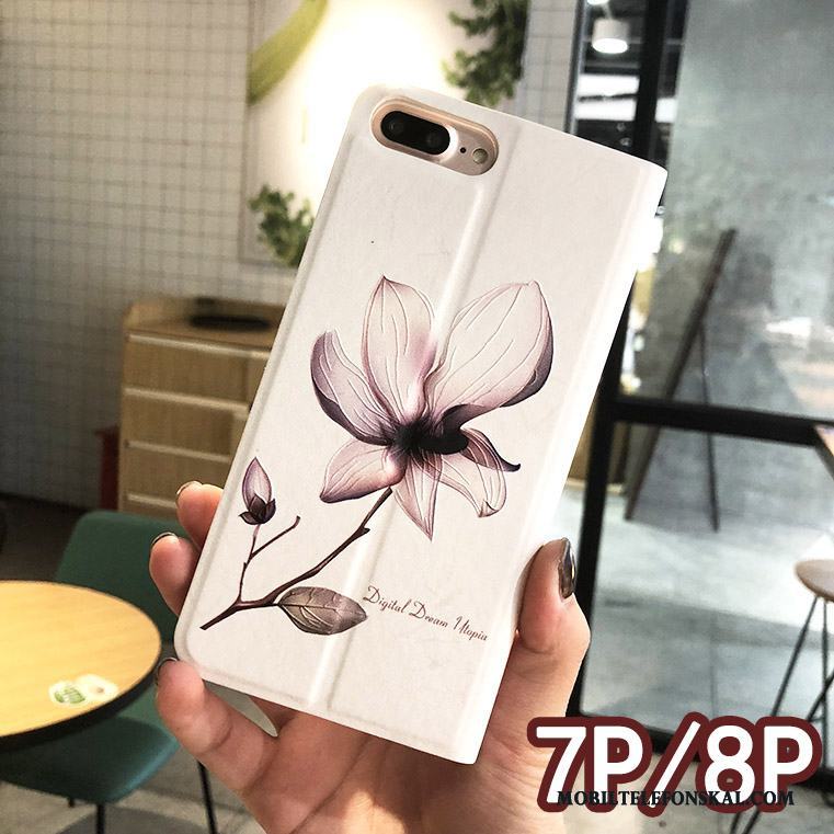 iPhone 8 Plus Skal Rosa Täcka Kreativa Fodral Läderfodral Blommig Skydd