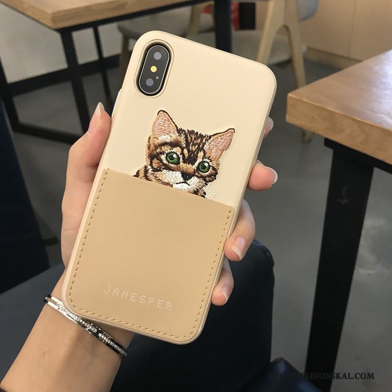 iPhone X Silikon Grön Broderi Katt Gul Skal Telefon Kvalitet