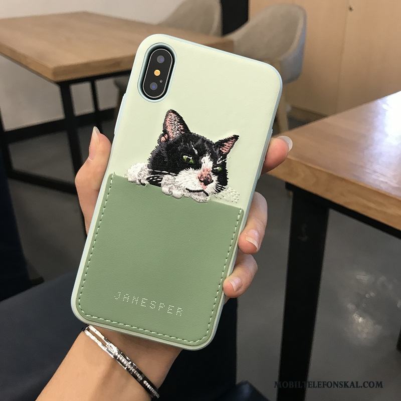 iPhone X Silikon Grön Broderi Katt Gul Skal Telefon Kvalitet