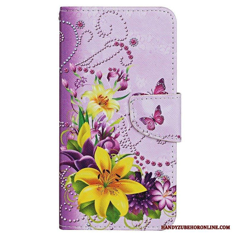 Fodral iPhone 15 Med Kedjar Fjärilar Och Blommor Med Rem
