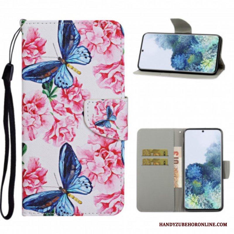 Folio-fodral Samsung Galaxy S21 Ultra 5G Butterflies Floral Lanyard