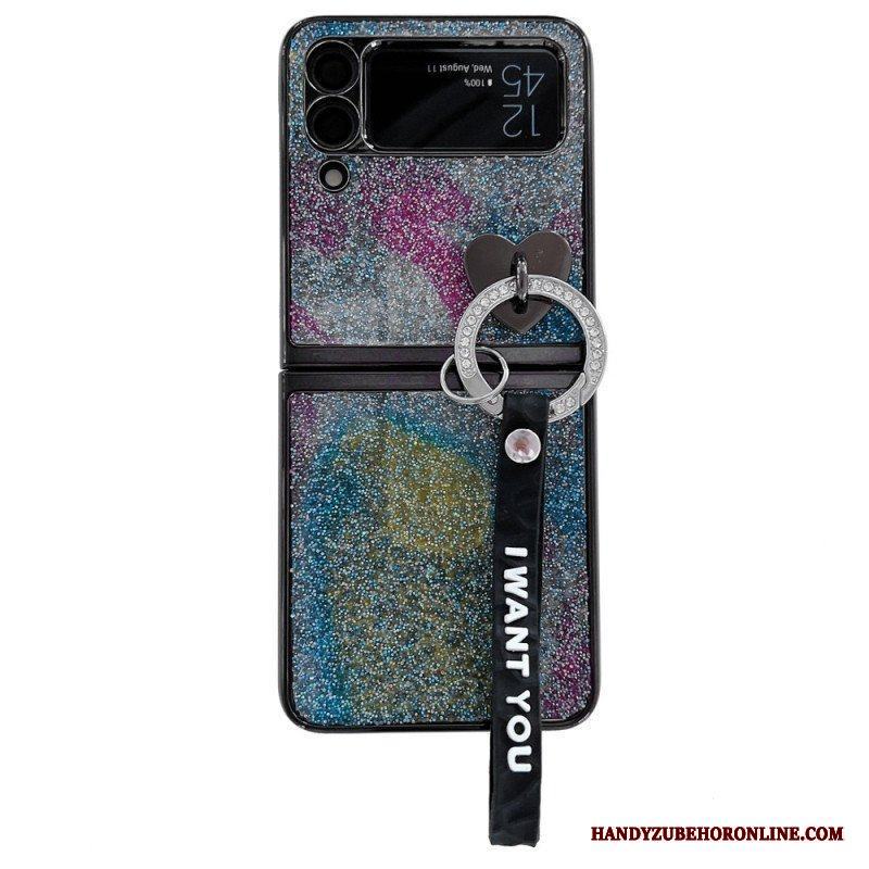 Folio-fodral Skal Samsung Galaxy Z Flip 3 5G Läderfodral Paljetter Charms Och Lanyard