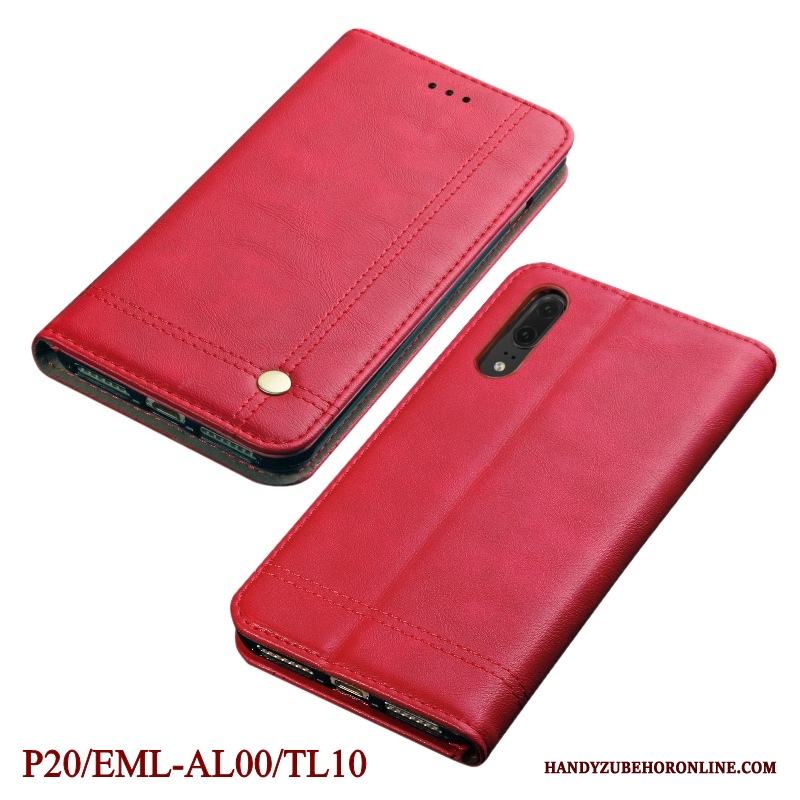 Huawei P20 Fodral Skal Telefon Läderfodral Röd Fallskydd Täcka