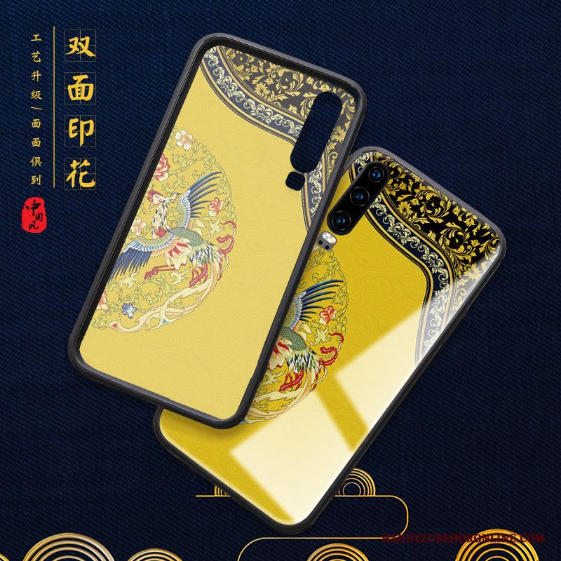 Huawei P30 Glas Gul Hängsmycken All Inclusive Fallskydd Kinesisk Stil Skal Telefon