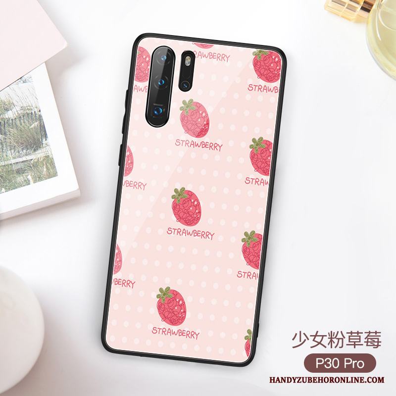 Huawei P30 Pro Vacker Rosa Fallskydd Net Red Skal Telefon Glas Pulver