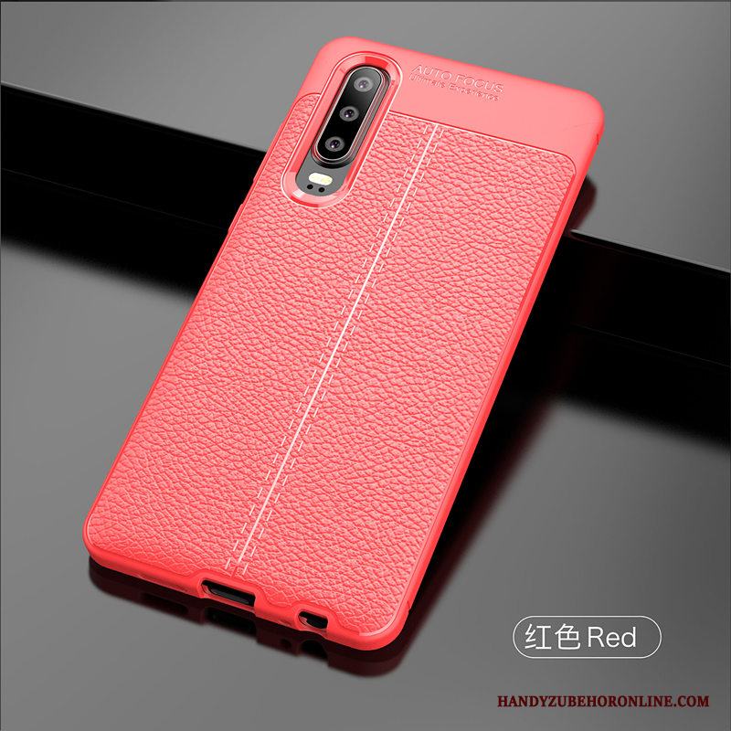 Huawei P30 Skal Telefon Fodral Ny Läderfodral Mjuk Röd Litchi