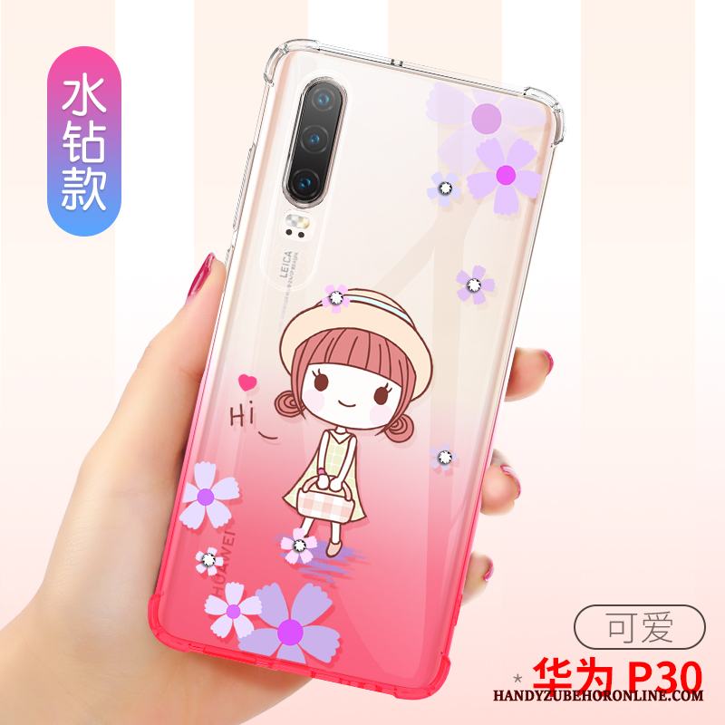 Huawei P30 Skal Telefon Rosa Fallskydd Transparent Mjuk Fodral Pratkvarn